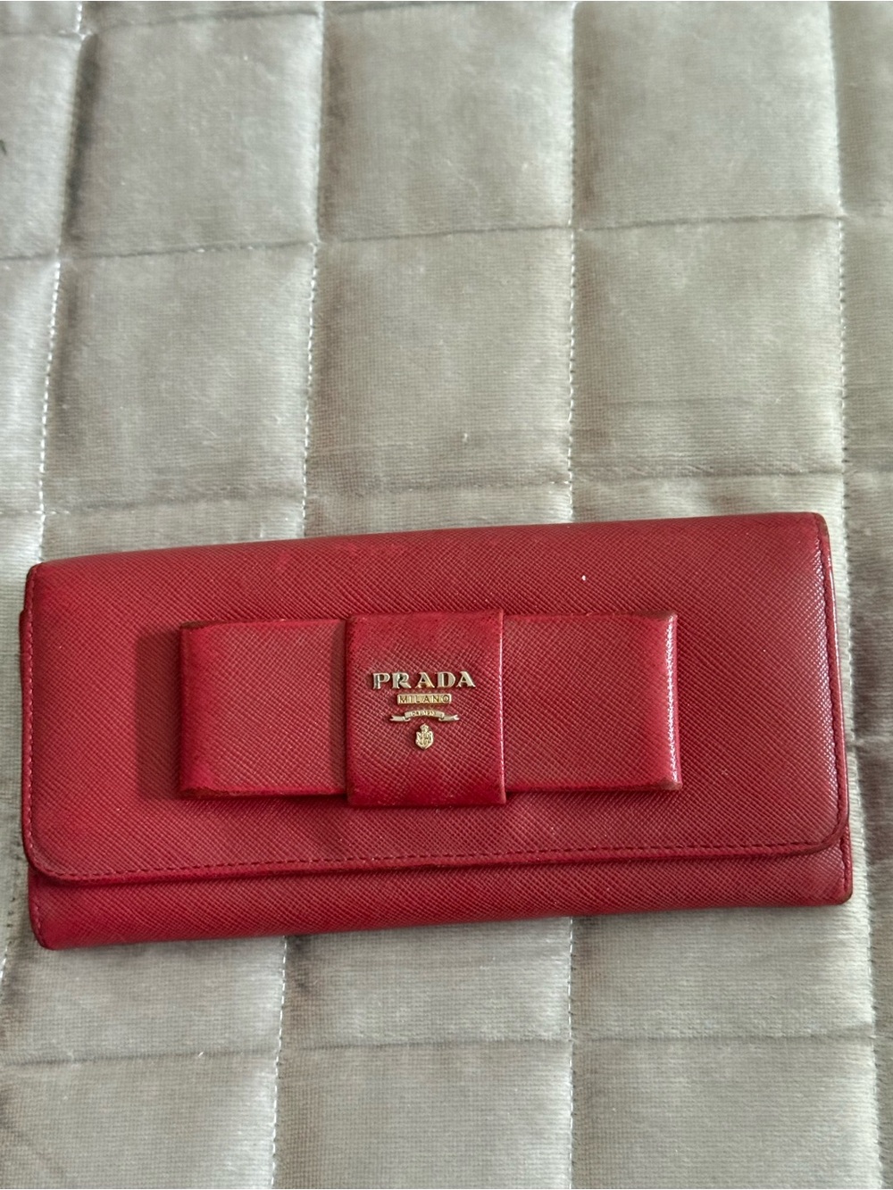 PRADA Red Saffiano Leather Bow Continental Wallet